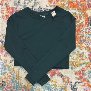 Dark Green Crew Neck Long Sleeve Crop Sweatshirt